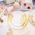DaYammi 210Pcs White Gold Plastic Plates,Gold Disposable Dinnerware Set Includes 60 gold floral plates,30 plastic Silverware,30 Per Rolled Napkins,30 Plastic Cups for Party Wedding Birthday