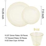DaYammi 350 Pieces Gold Glitter Dinnerware Set 50 Guest for Party- 50 Dinner Plates, 50 Dessert Plates -50 Per Rolled Napkins with Gold Cutlery - 50 Disposable Cups 9 OZ