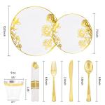 DaYammi 210Pcs White Gold Plastic Plates,Gold Disposable Dinnerware Set Includes 60 gold floral plates,30 plastic Silverware,30 Per Rolled Napkins,30 Plastic Cups for Party Wedding Birthday