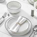 MALACASA Plates and Bowls Sets, 12 Pieces Modern Porcelain Dinnerware Set for 4 White Kitchen Dinner Dining Ware Set wtih Black Rim Ceramic Dishware Dishes Microwave and Dishwasher Safe, Series LUNA