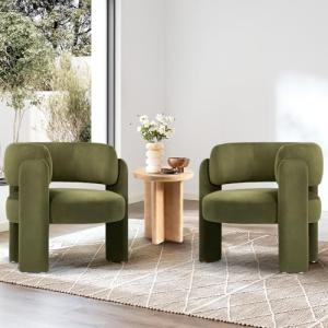 COLAMY Modern Velvet Accent Chair Set of 2, Upholstered Barrel Chairs, Comfy Side Arm Chairs with 3 Legs for Living Room, Bedroom, Reading, Green