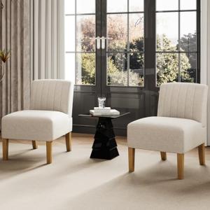 Armless Accent Chairs Set of 2 for Bedroom, Bedroom Chair for Bedroom Living Room Chair with Solid Wood Legs, Makeup Vanity Chair Fabric Comfy Upholstered Reading Chair Accent Chair,Beige