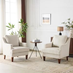 VINGLI Mid-Century Modern Accent Chairs Set of 2, Beige Upholstered Armchair Comfy Sofa Chairs Reading Chair High Back for Living Room Bedroom Furniture Apartment