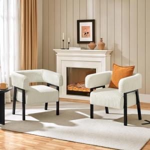 Yaheetech Corduroy Barrel Accent Chair Set of 2, Modern Upholstered Armchair with Solid Wood Legs, Cozy Leisure Chair with Pocket Coiled Seat for Living Room, Bedroom, Reading Nook Beige