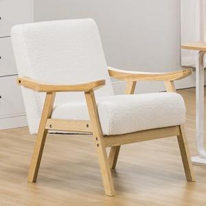 COMHOMA Mid Century Accent Chair, Modern Upholstered Living Room Chairs with Solid Wood Armrest, Comfy Reading Armchair for Bedroom, Sunroom, Balcony (Curved Armrests, White)
