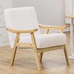 COMHOMA Mid Century Accent Chair, Modern Upholstered Living Room Chairs with Solid Wood Armrest, Comfy Reading Armchair for Bedroom, Sunroom, Balcony (Curved Armrests, White)