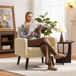 Yaheetech Mid-Century Accent Chairs, PU Leather Modern Upholstered Living Room Chair, Cozy Armchair Button Tufted Back and Wood Legs for Bedroom/Office/Cafe Beige