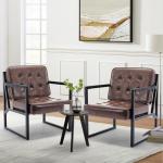 COLAMY Mid Century Modern Accent Chair Set of 2, Comfy Living Room Chair, Brown Leather Accent Chair, Faux Leather Reception Armchair with Metal Legs for Living Room Bedroom Reception Office, Brown