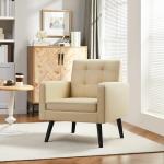 Yaheetech Mid-Century Accent Chairs, PU Leather Modern Upholstered Living Room Chair, Cozy Armchair Button Tufted Back and Wood Legs for Bedroom/Office/Cafe Beige