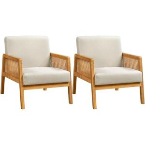 Yaheetech Accent Chair, Modern Armchair with Wood Legs, Mid Century Living Room Chair Linen Comfy Lounge Chair for Bedroom Reading Room, Set of 2, Beige