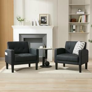 TYBOATLE Accent Chair Set of 2 Living Room Chairs Cozy Tufted Mid Century Modern Black Accent Chairs with Arms for Bedroom Comfy Reading Arm Chair Small Chairs for Small Spaces Office(2, Black)
