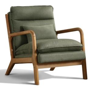 Phoenix Home Accent Chair Mid Century Lounge Chair Linen Fabric, Upholstered Reading Armchair with Lumbar Pillow & Solid Wood Frame for Office, Living Room Bedroom, Balcony, Green
