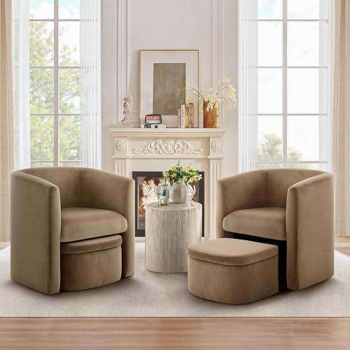 COLAMY Morden Velvet Barrel Accent Chair with Storage Ottoman Set of 2, Upholstered Living Room Side Chair, Single Sofa Armchair with Lounge Seat for Bedroom/Office/Reading Spaces, Khaki