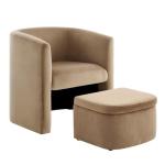 COLAMY Morden Velvet Barrel Accent Chair with Storage Ottoman Set of 2, Upholstered Living Room Side Chair, Single Sofa Armchair with Lounge Seat for Bedroom/Office/Reading Spaces, Khaki