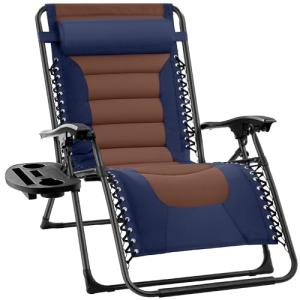 Best Choice Products Oversized Padded Zero Gravity Chair, Folding Outdoor Patio Recliner, XL Anti Gravity Lounger for Backyard w/Headrest, Cup Holder, Side Tray, Polyester Mesh - Navy/Brown