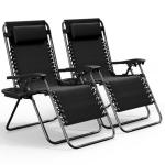 Nestl Zero Gravity Chairs Set of 2, Patio Lounge Chair Outdoor with Pillows & Cup Holder Trays, Adjustable Steel Mesh Reclining Camping Chair, Folding Patio Lawn Chair for Deck, Beach, Yard - Black