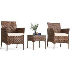 Sweetcrispy Patio Furniture Set 3 Pieces, Outdoor Furniture with Soft Cushion and Glass Table, All Weather Manual Weaving Wicker Rattan Patio Chairs for Garden, Terrace, Porch, Lawn (Brown and Beige)