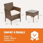 Sweetcrispy Patio Furniture Set 3 Pieces, Outdoor Furniture with Soft Cushion and Glass Table, All Weather Manual Weaving Wicker Rattan Patio Chairs for Garden, Terrace, Porch, Lawn (Brown and Beige)