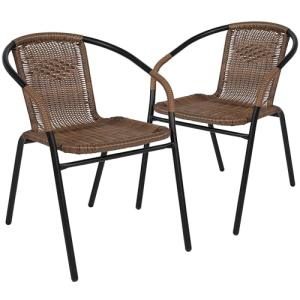 Flash Furniture Lila Modern Rattan Indoor/Outdoor Stackable Dining Chairs, Stacking Rattan Bistro Chairs for Patio or Restaurant, Set of 2, Brown