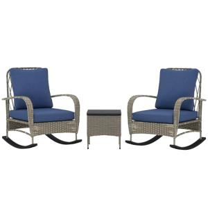 Outsunny 3 Piece Wicker Patio Furniture Set, PE Rattan Rocking Chairs with Coffee Table, Cushions, Outdoor Bistro Set for Porch, Garden, Poolside, Gray
