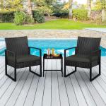 Yaheetech 3 Pieces Rattan Bistro Set, Indoor/Outdoor Wicker Patio Modern Conversation Furniture, 2 Chairs & Tempered Glass Coffee Table for Garden, Balcony, Backyard, Poolside, Black/Gray