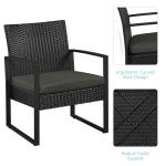 Yaheetech 3 Pieces Rattan Bistro Set, Indoor/Outdoor Wicker Patio Modern Conversation Furniture, 2 Chairs & Tempered Glass Coffee Table for Garden, Balcony, Backyard, Poolside, Black/Gray