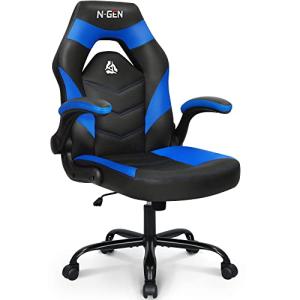 N-GEN Video Gaming Chair Ergonomic Computer Desk Office Chair with Lumbar Support Adjustable Height Swivel Wheels Flip-Up Arms PU Leather Home and Office (Blue)