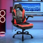 Gaming Ergonomic Office Chair for Adults, Height Adjustable Computer Desk Chair with Flip-up Armrests, PU Leather Swivel Video Game Chair with 360° Rolling Wheels, Red