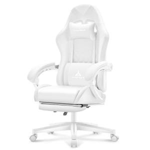 TUKAKA White Gaming Chair,Ergonomic Massage Computer Office Desk Chair with Footrest,Pocket Spring Cushion,Reclining Leather Adjustable Gamer Chair with Headrest and Lumbar Support,White