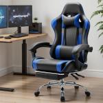 Sweetcrispy Computer Video Game Desk Chair - Ergonomic Comfy Lumbar Support with Footrest, PU Leather Recliner with Headrest, Fixed Up Armrest, Height Adjustable and 360° Swivel, for Adults, Blue
