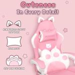 PUKAMI Pink Gaming Chair Cute with Cat Ears and Cat Paw Lumbar Cushion, Ergonomic Computer Chair for Girl with Footrest and Headrest, Comfortable Reclining PC Game Chair for Adult, Teen, Pink