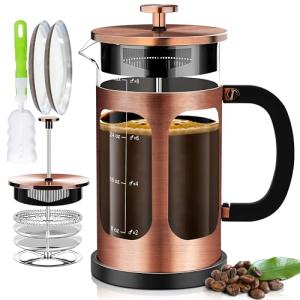 YMMIND French Press Coffee Maker (34oz 1Quart 5-6Cup) Coffee Press, with 4 Filters System, Heat Resistant Thickness Borosilicate Glass, Cold Brew Coffee Tea Pot Gifts (Copper)