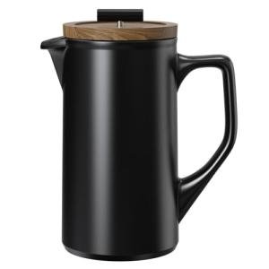 DHPO Ceramic French Press Coffee Maker, 22 Ounce Coffee Press Manual Brewer with Walnut Wood Lid, Premium Food Grade Stainless Steel Filter with Dual Screen for Coffee and Loose Tea, Gift Box, Black