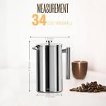 Utopia Kitchen Stainless Steel French Press Coffee Maker 34 Oz (1 Litre) with 2 Extra Filters, French Press Coffee & Tea Maker for Kitchen & Camping, Cold Brew Cafetiere, Silver