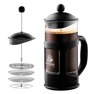 OVENTE French Press Coffee Maker 12 Ounce with Heat Resistant Borosilicate Glass & Stainless Steel 4-Level Filtration System, Portable Cold Brew Coffee Maker for Travel, Camping or Gift, Black FPT12B