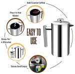 Utopia Kitchen Stainless Steel French Press Coffee Maker 34 Oz (1 Litre) with 2 Extra Filters, French Press Coffee & Tea Maker for Kitchen & Camping, Cold Brew Cafetiere, Silver
