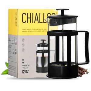 Chiallco Mini French Press Coffee Maker, Heat Resistant Thickened Borosilicate Classic Glass Stainless Steel Coffee Press, 12OZ Heat Cold Brew Coffee Pot Tea Press for Kitchen Travel Camping，Black