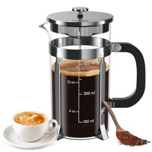 21 Ounce / 600ML French Press Coffee Maker - Stainless Steel & Borosilicate Glass, 4 - Filter for Smooth Brews - Perfect for Cold Brew, Espresso & Tea