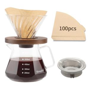Mongdio Pour Over Coffee Maker, 20 oz V60 High-Heat Borosilicate Glass Coffee Maker with 100pcs Paper Filters, 5 in 1 Drip Coffee Maker Set for Home Café Restaurant and Camping - 600ml, Clear
