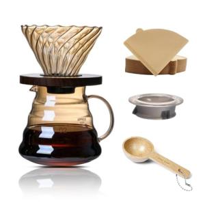 CHDEXU Pour Over Coffee Maker Set 20 oz, 600 ml Borosilicate Glass Coffee Server with Glass Lid, 50 pcs Paper Filter, Walnut Handle Pour Over Coffee Dripper for Home Café Restaurant, Gold