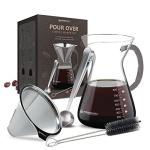 Pour Over Coffee Maker Set - 34 oz Large Borosilicate Glass Carafe, Thickened Rust Resistant Heat Resistant Double-Layer Stainless Steel Dripper/Filter with Coffee Scoop and Cleaning Brush