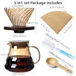 CHDEXU Pour Over Coffee Maker Set 20 oz, 600 ml Borosilicate Glass Coffee Server with Glass Lid, 50 pcs Paper Filter, Walnut Handle Pour Over Coffee Dripper for Home Café Restaurant, Gold