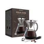 Pour Over Coffee Maker Set - 34 oz Large Borosilicate Glass Carafe, Thickened Rust Resistant Heat Resistant Double-Layer Stainless Steel Dripper/Filter with Coffee Scoop and Cleaning Brush