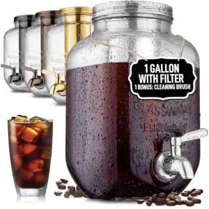 Zulay Kitchen 1 Gallon Cold Brew Coffee Maker – Thick Glass Pitcher with Stainless Steel Filter, Lid & Spout – Large Mason Jar Container Dispenser - Iced Coffee & Sun Tea Brewer for Fridge – Silver