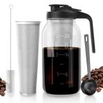 Cold Brew Coffee Maker - 64 oz Wide Mouth Mason Jar Pitcher with Stainless Steel Filter, Coffee Scoop, and Cleaning Brush -Glass Pitcher for Iced Coffee, Tea - Includes Pour Spout Handle Lid