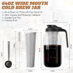 Cold Brew Coffee Maker - 64 oz Wide Mouth Mason Jar Pitcher with Stainless Steel Filter, Coffee Scoop, and Cleaning Brush -Glass Pitcher for Iced Coffee, Tea - Includes Pour Spout Handle Lid