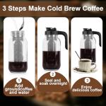 Cold Brew Coffee Maker Pitcher, 64 Oz Heavy Duty Glass Mason Jar Pitcher with V-shaped Pour Spout Handle Lid,Stainless Steel Filter for Iced Coffee,Iced tea,Fruit Drinks,lemonade - Black