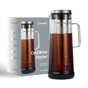 BrewMOO Cold Brew Coffee Maker (1.4L/48oz) - Sleek Borosilicate Glass Pitcher with 100um 304 Stainless Steel Filter, Non-Slip Base & Airtight Lid, Effortless Manual + Recipes for Beginner (Black)
