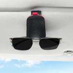 SINGARO Sunglasses Holder for Car, Leather Magnetic Buckle Sun Visor Sunglass Clip, Ticket Card Storage Glasses Clip, Car Interior Accessories for Men and Women（Black-red）