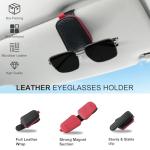 SINGARO Sunglasses Holder for Car, Leather Magnetic Buckle Sun Visor Sunglass Clip, Ticket Card Storage Glasses Clip, Car Interior Accessories for Men and Women（Black-red）